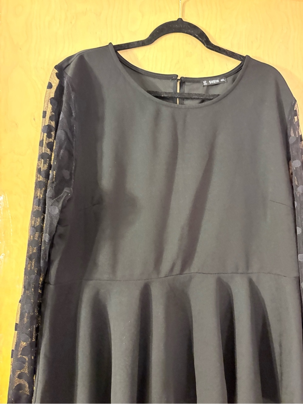 SHEIN Black Long-Sleeve A-Line Dress with Sheer Patterned Sleeves